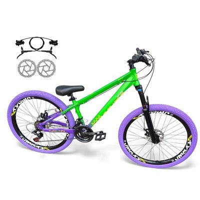 Bicicleta aro26 Vikingx Tuff Freio Hidráulico 21v Freeride Rodas Vmaxx Pneu Flame VerdeRoxo