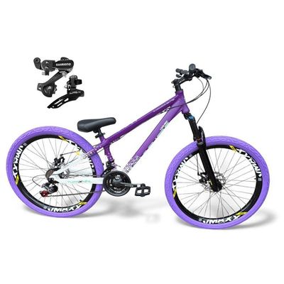 Bicicleta aro26 Vikingx Tuff Câmbios Shimano 21v Freeride FreioDisco aroVmaxx Pneu Flame RoxoBranco