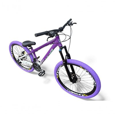 Bicicleta aro26 Vikingx Tuff Câmbios Shimano 21v Freeride FreioDisco aroVmaxx Pneu Flame RoxoBranco