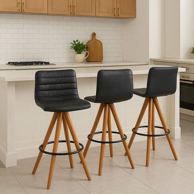 Kit 3 Banquetas Giratória Com Encosto Estofado E Base Em Madeira Castanho – Lucy Exclusiva Courino Durango Preto - Castanho