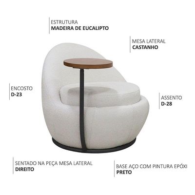 Poltrona Kaira Mesa Lateral Direita Base Fixa Preto Bouclé Creep Off White - Nexta Casa
