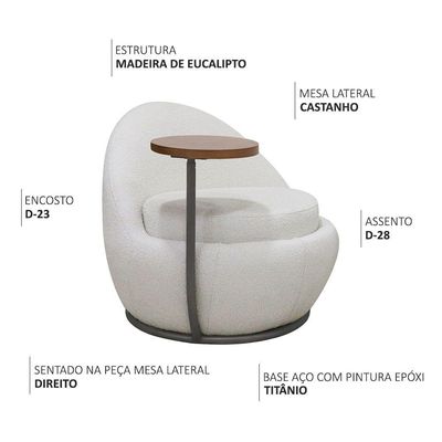 Poltrona Kaira Mesa Lateral Direita Fixa Titânio Bouclé Creep Off White - Nexta Casa