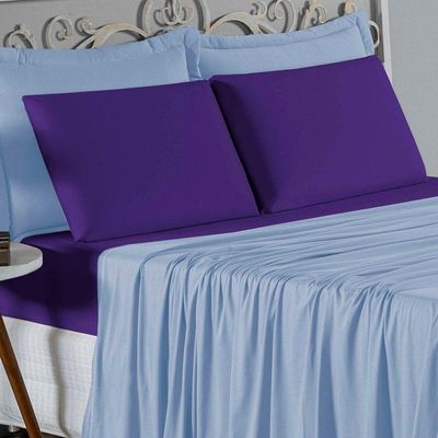 Jogo De Cama Solteiro Nobre 3 Peças Lençol Com Elástico De 30cm De Altura Malha 100% Algodão - Azul-bebê / Roxo
