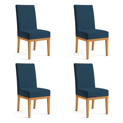 Kit 4 Cadeiras De Jantar Brisa Suede Base De Madeira - Pallazio Cor Azul Marinho
