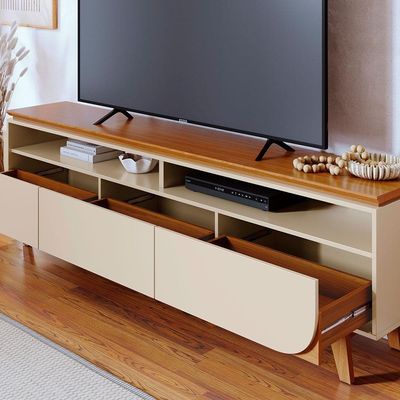 Rack Bancada Selene 3 Gavetas Pés De Madeira - Pallazio Cor Cinamomo E Off White