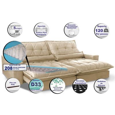 Sofa Retrátil E Reclinável 2,32m Com Molas Ensacadas Cama Inbox Soft Tecido Suede Bege
