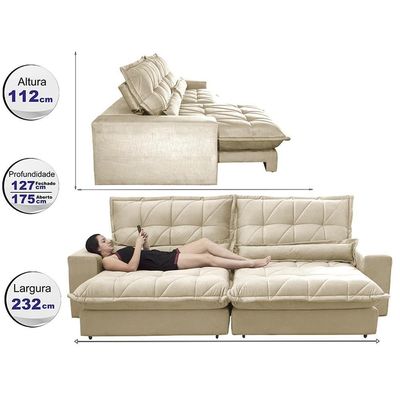 Sofa Retrátil E Reclinável 2,32m Com Molas Ensacadas Cama Inbox Soft Tecido Suede Bege
