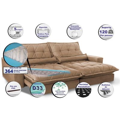 Sofa Retrátil E Reclinável 3,12m Com Molas Ensacadas Cama Inbox Soft Tecido Suede Castor
