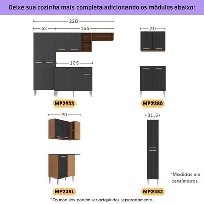 Armário Cozinha Modulada Completa De Canto 464cm Pequim Pop Multimóveis Mp3772 Madeirado-preto