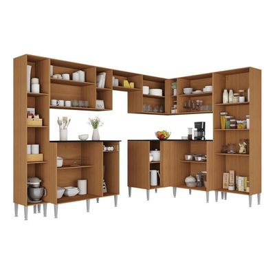 Armário Cozinha Modulada Completa De Canto 464cm Pequim Pop Multimóveis Mp3772 Madeirado-preto