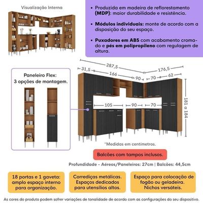 Armário Cozinha Modulada Completa De Canto 464cm Pequim Pop Multimóveis Mp3772 Madeirado-preto
