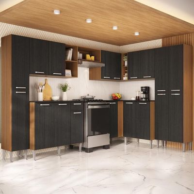 Armário Cozinha Modulada Completa De Canto 464cm Pequim Pop Multimóveis Mp3772 Madeirado-preto