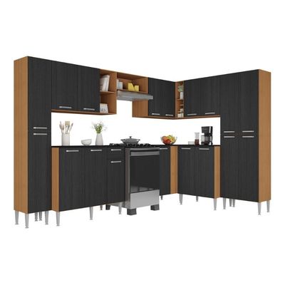 Armário Cozinha Modulada Completa De Canto 464cm Pequim Pop Multimóveis Mp3772 Madeirado-preto