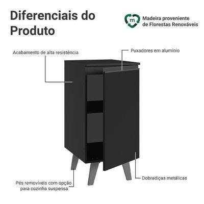 Balcão De Cozinha 40 Cm 1 Porta Com Pés Preto Nice Madesa Preto