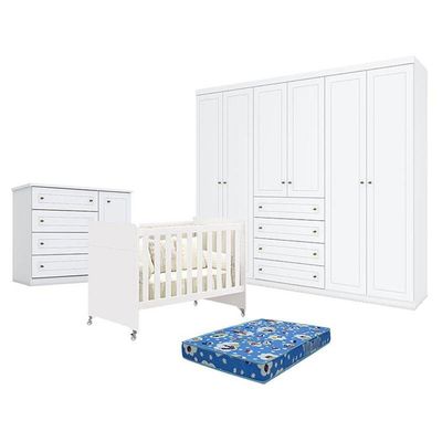 Quarto De Bebê Americano 6 Portas Com Berço Americano Evolution 4 Em 1 Branco Acetinado Reller E Colchão Ortobom - Henn