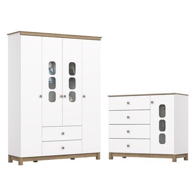 Jogo De Quarto Infantil Aconchego Com Guarda Roupa E Cômoda Branco/jequitibá - Móveis Henn Branco/jequitibá