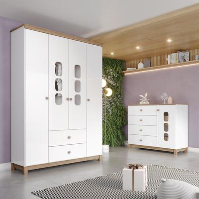 Jogo De Quarto Infantil Aconchego Com Guarda Roupa E Cômoda Branco/jequitibá - Móveis Henn Branco/jequitibá