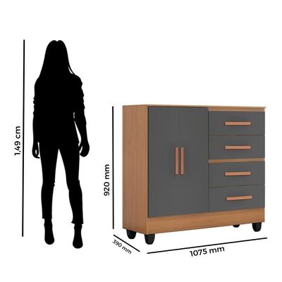 Guarda Roupa Casal Porto Com Cômoda Lite 4 Gavetas 2 Portas Nature Cinza - Móveis Leão