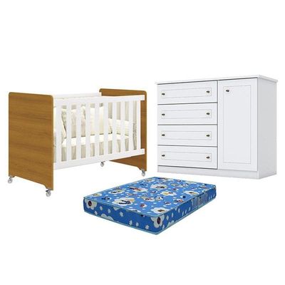 Berço Americano Evolution 4 Em 1 Branco Acetinado Savana Reller E Cômoda Americano Branco Hp E Colchão Ortobom - Henn