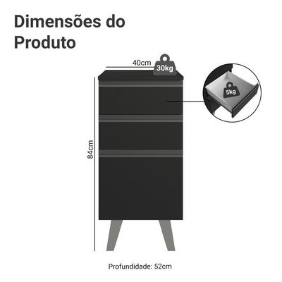 Balcão De Cozinha 40 Cm 3 Gavetas Com Pés Preto Nice Madesa Preto