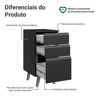 Balcão De Cozinha 40 Cm 3 Gavetas Com Pés Preto Nice Madesa Preto