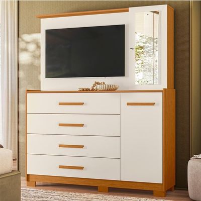 Cômoda Quarto Com Painel Para Tv Ilhabela 4 Gavetas 2 Portas Cinamomo-off White