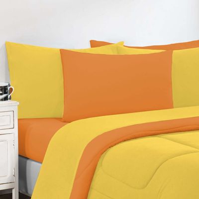 Kit Edredom + Jogo De Lençol Malha 100% Algodão Gran Moratta 6 Peças Queen - Amarelo/Laranja