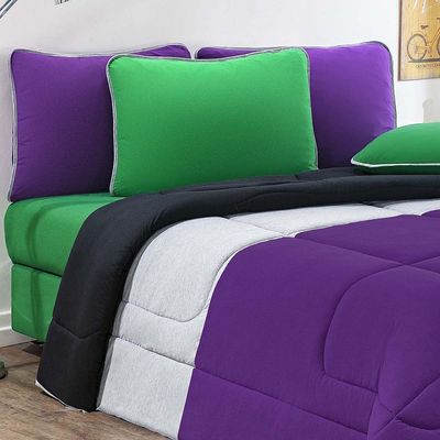 Kit Edredom Malha 100% Algodão Urbano 3 Peças Casal - Roxo/Mescla/Preto