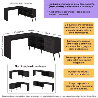 Mesa Gamer Em L Para Computador Com 3 Gavetas Nexus Multimóveis Mp6048 Preto