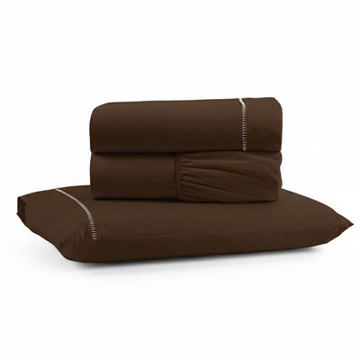 Jogo de Lençol Solteiro Premium Soft 600 Fios Micropercal Marrom Ponto Palito Toque Macio 3 Peças