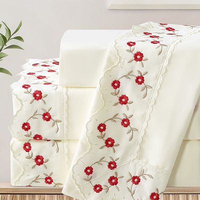 Jogo de Cama Lençol Queen Bordado Maximo 4 Peças - Palha A  - 100% Poliéster