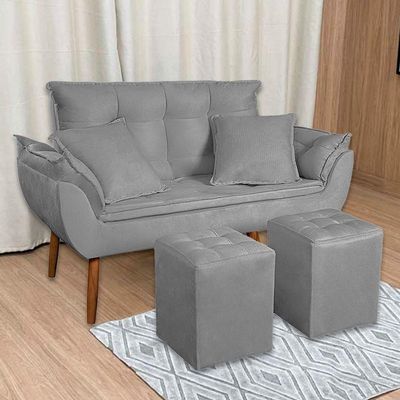 Kit Poltrona Decorativa Namoradeira 2 Puffs Quadrado E 2 Almofadas Suede Cinza Claro - Lm Decor