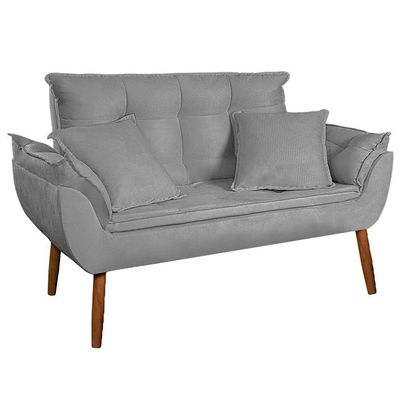 Kit Poltrona Decorativa Namoradeira 2 Puffs Quadrado E 2 Almofadas Suede Cinza Claro - Lm Decor