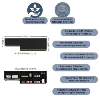 Kit 2 Armários De Cozinha Aéreos 190cm 3 Portas Veneza Multimóveis Mp2383 Preto-dourado