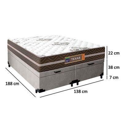 Cama Box Baú Casal Bipartido Suede + Colchão Molas Ensacadas Texas Prime Colchões 138x188x67cm Cinza