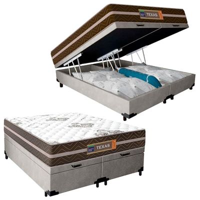 Cama Box Baú Casal Bipartido Suede + Colchão Molas Ensacadas Texas Prime Colchões 138x188x67cm Cinza