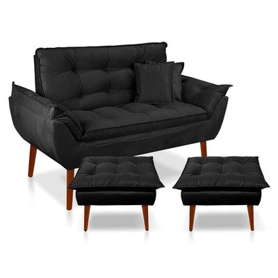 Kit Poltrona Decorativa Namoradeira 2 Puffs Opala E 2 Almofadas Suede - Lm Decor Preto