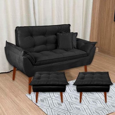 Kit Poltrona Decorativa Namoradeira 2 Puffs Opala E 2 Almofadas Suede - Lm Decor Preto