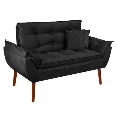 Kit Poltrona Decorativa Namoradeira 2 Puffs Opala E 2 Almofadas Suede - Lm Decor Preto