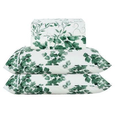 Jogo de Lençol Lislie King 4 Peças MicroPercal 300 Fios Estampado Floral - Esmeralda - 100% Poliéster