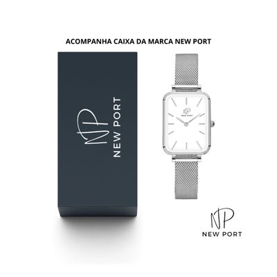 Relógio Feminino Quadrado Elegante Analógico New Port Prata