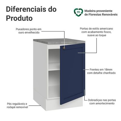 Balcão De Cozinha 50cm 1 Porta Branco/azul Vik Madesa Branco/azul