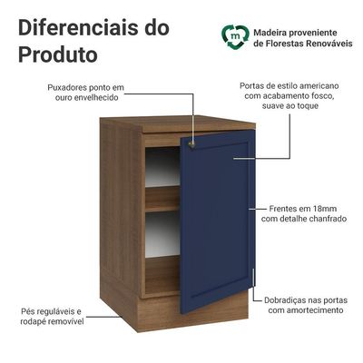Balcão De Cozinha 50cm 1 Porta Rustic/azul Vik Madesa Rustic/azul