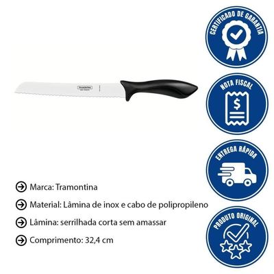 Faca Para Pão Tramontina Affilata Com Lâmina Em Aço Inox E Cabo De Polipropileno Preto 8" 23652108