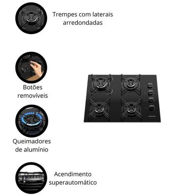 Cooktop A Gás Itatiaia Essencial 4 Bocas Mesa Vidro Temperado Preto Acendimento Automático Trempes Resistentes Bivolt
