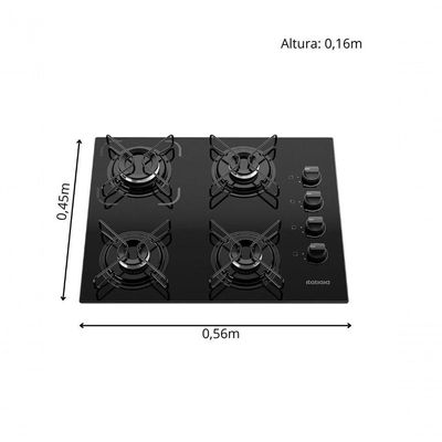 Cooktop A Gás Itatiaia Essencial 4 Bocas Mesa Vidro Temperado Preto Acendimento Automático Trempes Resistentes Bivolt
