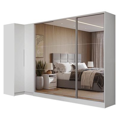 Guarda-roupa Modulado Neo + Guarda-roupa Royale 3 Portas De Correr De Espelho Branco Madesa