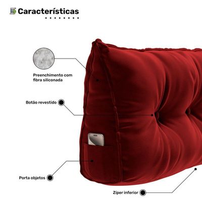 Almofada Para Cabeceira Encosto Apoio Lombar Spot 195cm Com Porta Celular Veludo - Abmaza Vermelho