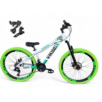 Bicicleta Aro 26 Vikingx Tuff Câmbios Shimano 21v Freeride Freio A Disco Aro Vmaxx Pneu Flame branco-Verde X25