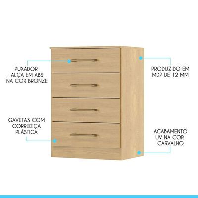 Cômoda Para Quarto 4 Gavetas 93cm Menu Móveis Carvalho